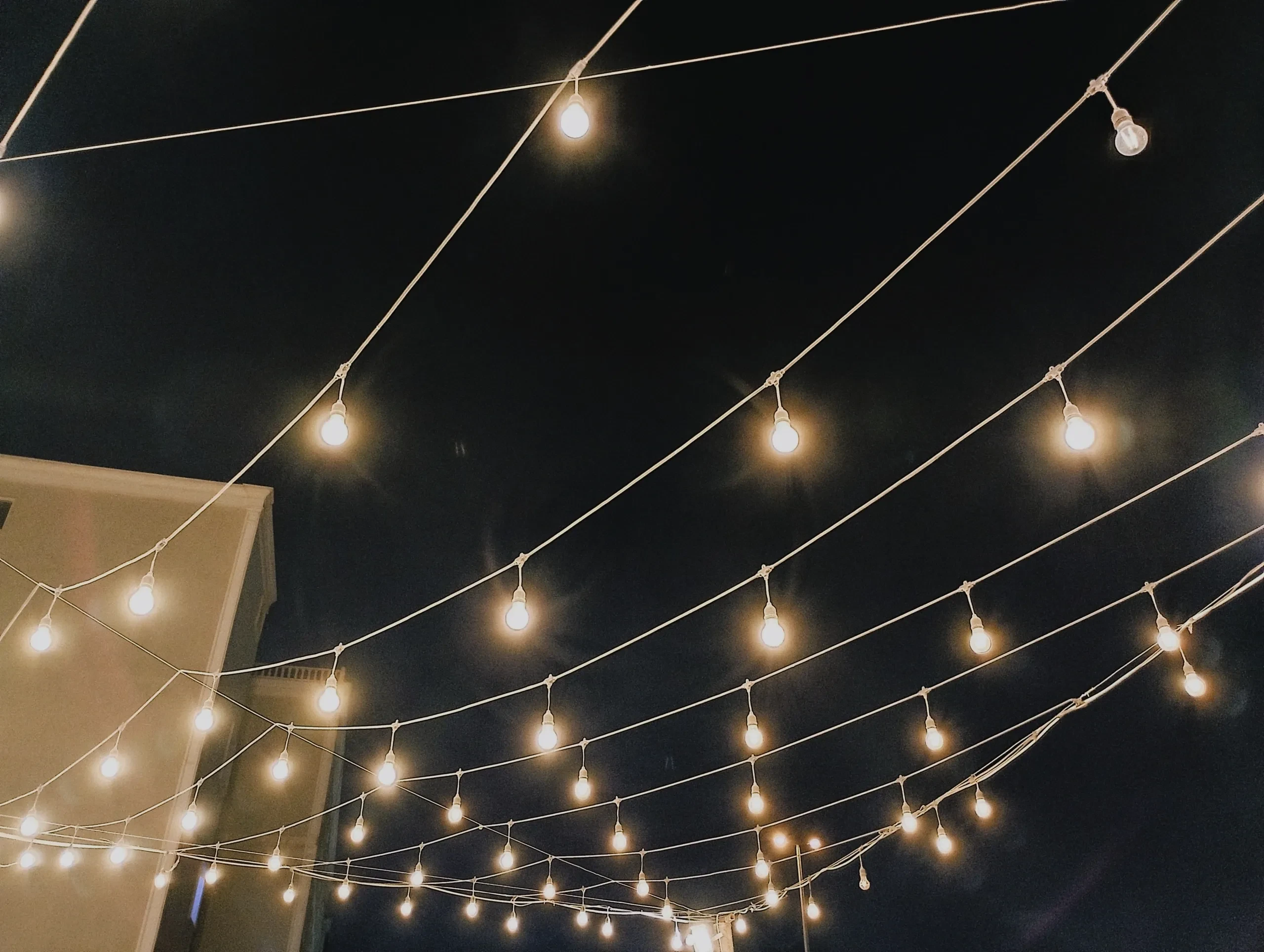 Holiday lights glowing at night
